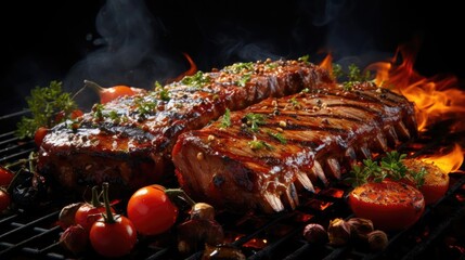 Realistic grilled barbeque with melted barbeque sauce and cut vegetables, blur background