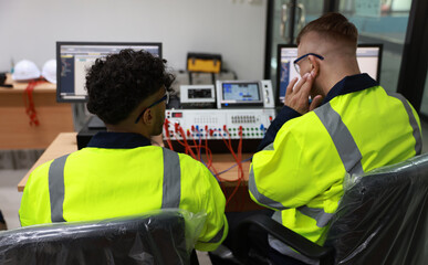 Fototapeta premium Technician and engineer in AI and Robotic training class, training AI Robot the KIT equipment and Artificial Intelligence of Things service robots in the manufacturing automation and robotics classr