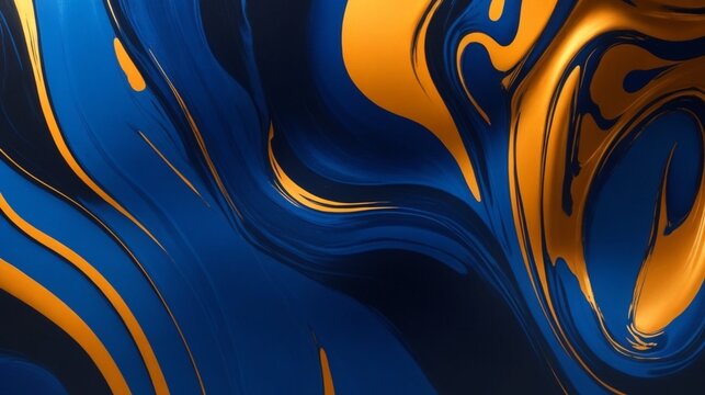 AI illustration of a desktop background with mixed liquid blue and golden paints. Abstract fluid acrylic painting. Modern art. Marbled blue abstract background. Liquid marble pattern wallpaper concept