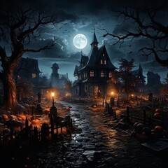Halloween graveyard with nightmare scene, street leading to old mansion on the hill, scary ghost at tomb, full moon in the background. Created using generative AI
