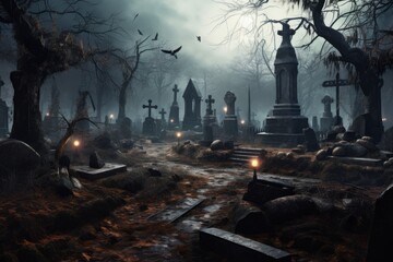 Halloween graveyard with nightmare background, scary ghost at tomb, full moon in the background. Created using generative AI