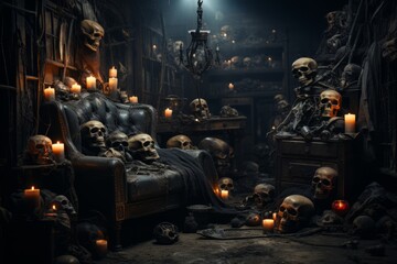 Old abandoned dark horror room interior full of skulls and candlelight. Halloween concept. Created using generative AI