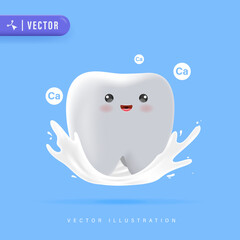 Happy and Healthy Tooth 3D Character Smiling with Milk Splash and Calcium Particles Vector Illustration. Suitable for Children Dental Clinic Poster