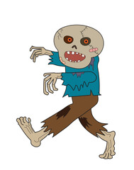 Humor cartoon drawing of a happy scary ghost zombie walking, isolated on white background.