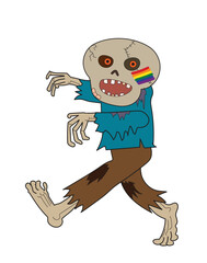Humor cartoon drawing of gay pride scary ghost zombie walking, isolated on white background.
