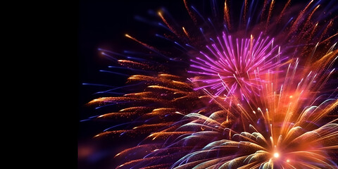 Abstract colorful fireworks on dark background, for New Year or other celebration events