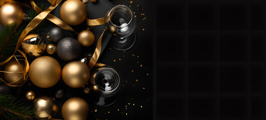New years eve decoration with golden silver bubbles on dark background with copy space