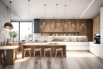 Modern Contemporary kitchen room interior .white and wood material 3d rendering