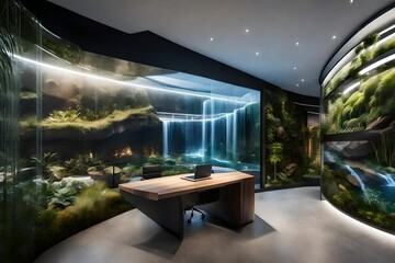 An office space from the future, featuring an innovative 3D-rendered wall design that seamlessly integrates natural elements like flowing waterfalls and lush gardens