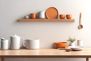 Minimal cozy counter mockup design for product presentation background or branding with bright wood counter tile white wall with orange brown jug mug chop fork spoon bowl. Kitchen interior 3d renderin