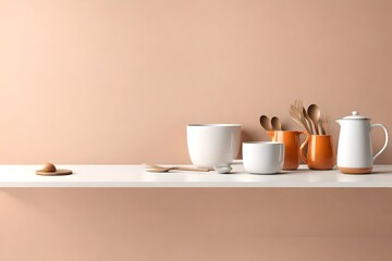Minimal cozy counter mockup design for product presentation background or branding with bright wood counter tile white wall with orange brown jug mug chop fork spoon bowl. Kitchen interior 3d renderin