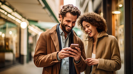 Portrait of happy man and woman smiling watching smartphone in a city street. Happy young couple having fun and laughing with a smartphone