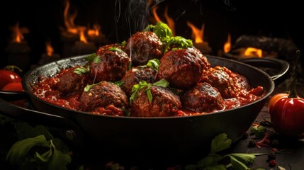 Realistic meatballs with melted tomato sauce on a bowl with a black background and blur