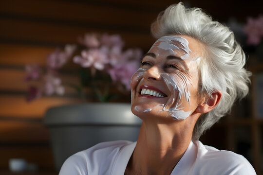 portrait of a woman smiling Female pensioner doing skin care routine