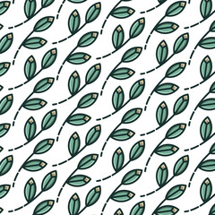 Digital png illustration of leaves on plant stem repeated on transparent background