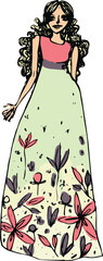 Fototapeta premium Digital png illustration of blonde caucasian woman in long floral dress on transparent background