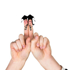 Digital png illustration of caucasian hands with happy graduate fingers on transparent background