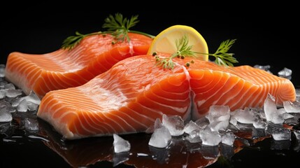 Realistic Fresh salmon with lemon slices on wooden table, black and blur background