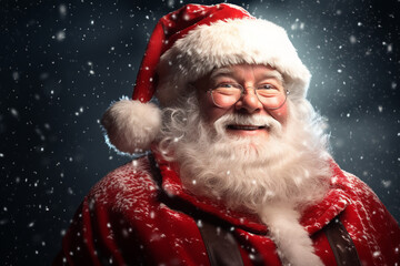 Christmas, New Year holidays concept. Happy traditional close-up Santa Claus portrait. Santa with gray beard and wearing red traditional costume with hat smiling to camera. Generative AI