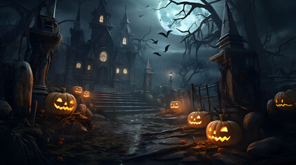 Haunted House Halloween entrance pumpkin bat