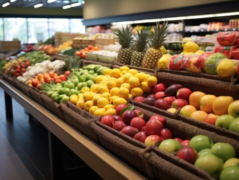 Close-up photo of a shelf of fresh fruits in a supermarket, bright colors and light from bulbs. Generative AI