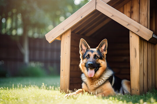 German shepherd lying in a dog house in the yard