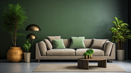 Realistic Modern living room interior with sofa and green leaf ornament and minimalist design