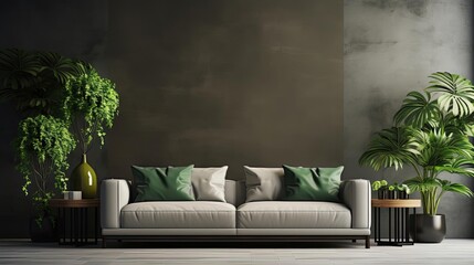 Realistic Modern living room interior with sofa and green leaf ornament and minimalist design