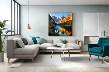 living room interior: A beautiful canvas frame 3D mockup in modern living room, bed room, kitchen, bathroom interior
