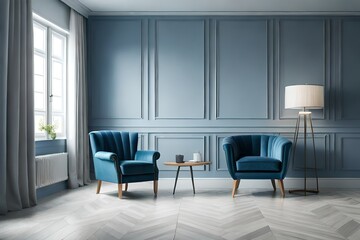  gray armchair in blue living room with copy space.,,