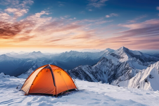 Orange tent standing in a mountains on the snow at sunrise