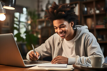 Happy african teen student studying at home in front of laptop writing notes