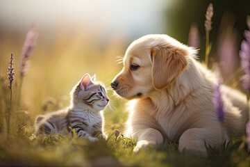 Young cat and dog together outdoors, friendship concept