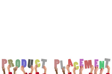 Digital png illustration of hands holding product placement words on transparent background