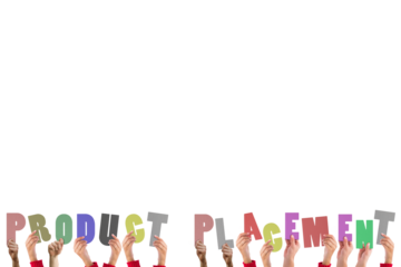 Digital png illustration of hands holding product placement words on transparent background