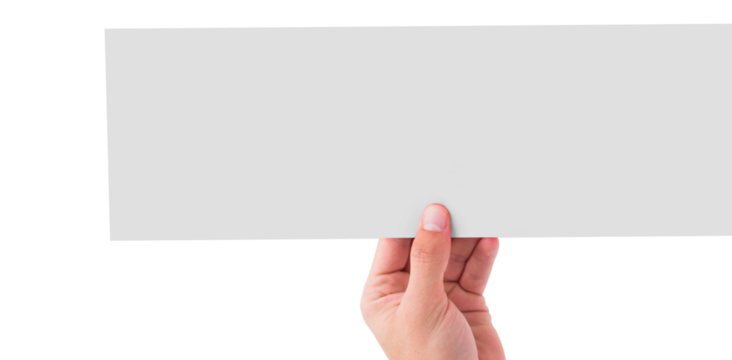 Digital png photo of hand of caucasian man holding blank card on transparent background