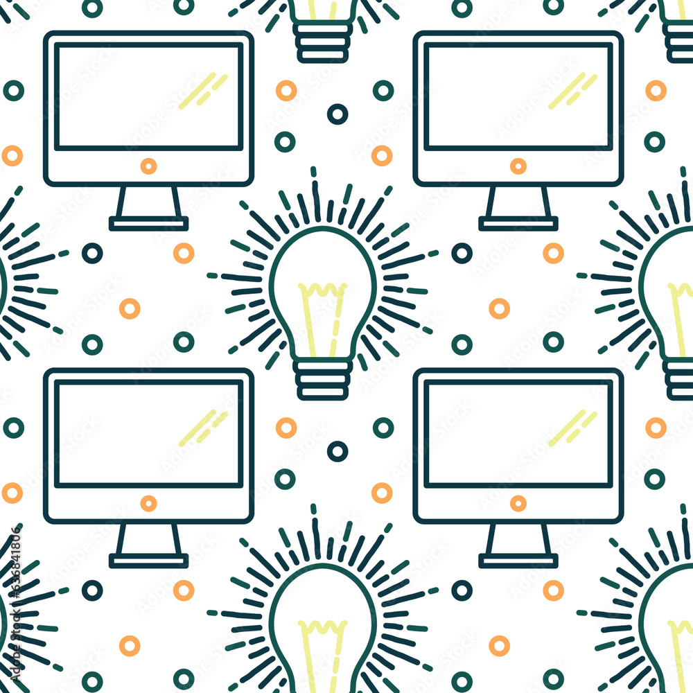 Poster digital png illustration of lightbulbs and computer screens repeated on transparent background