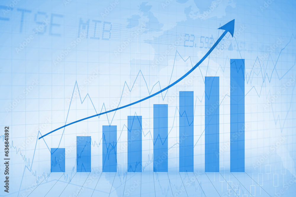 Poster digital png of ftse, mib text, blue block graph and arrow showing increase on transparent background