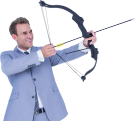 Digital png photo of happy caucasian businessman aiming bow and arrow on transparent background