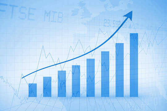 Digital png of ftse, mib text, blue block graph and arrow showing increase on transparent background