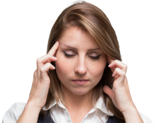 Digital png photo of caucasian businesswoman holding temples on transparent background