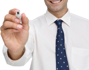 Digital png photo of caucasian businessman holding marker pen on transparent background