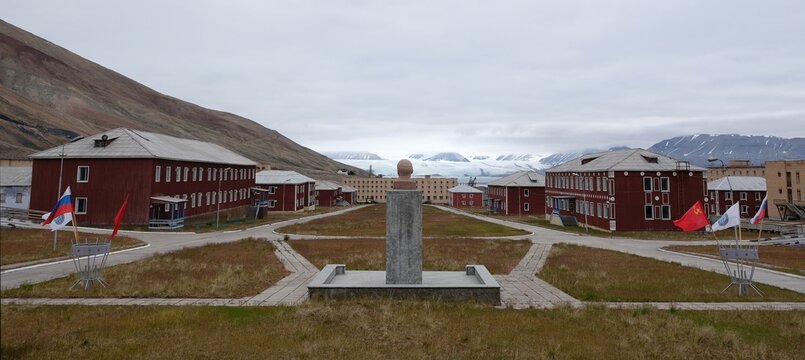 Pyramiden, Norway - 19 July 2023: Lenin monument in Pyramiden.  The abandoned russian mining town Pyramiden in Svalbard, Spitsbergen, Norway. 