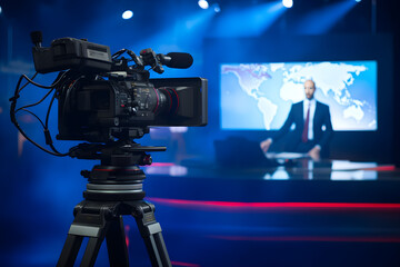 Professional TV Camera Standing in Live News Studio with Anchor seen in Small Display. Unfocused TV Broadcasting Channel with Presenter, Newscaster Talking. Mock-up Television Channel Newsroom Set - obrazy, fototapety, plakaty