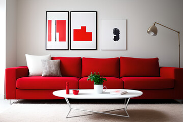 Red throw on white sofa in modern living room. 3d rendering. Template