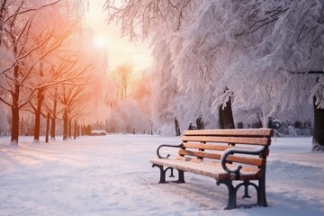 Park bench and trees covered by heavy snow. Lots of snow. Sunset. generative ai. - Powered by Adobe
