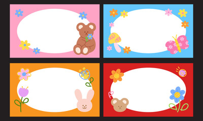 Set of frames, banners, name tags, memo, sticky notes, wallpapers, backgrounds, ad templates, notepads with cute drawing styles of teddy bear, rabbit, butterfly, flowers, nature, summer garden