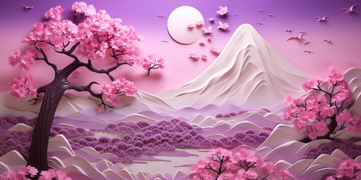 Mount Fuji and cherry blossoms which are viewed from Japan landscape purple and pink sky, some stars and the full moon, tres blossom. Generative AI of Bas relief paper sculpture