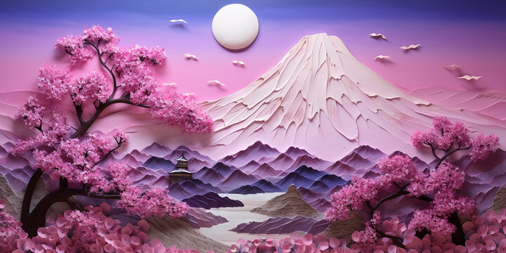 Mount Fuji and cherry blossoms which are viewed from Japan landscape purple and pink sky, some stars and the full moon, tres blossom. Generative AI of Bas relief paper sculpture