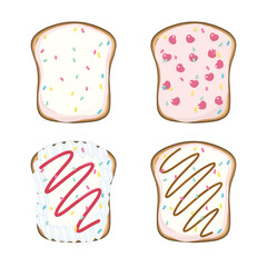Set of delicious open sandwich filled with whipped cream, sugar sparkle. cartoon style illustration